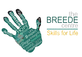 The Breede centre - Skills for life Grüne Hand mit Schlagwörtern wie "Hoffnung" und "Fähigkeiten für das Leben".