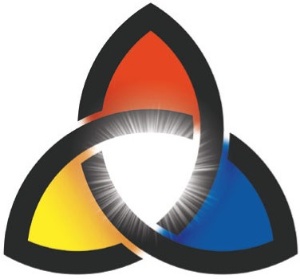 Pfarrei Hl. Dreifaltigkeit Neunkirchen Drei überlappende Dreiecke in Schwarz, Gelb, Orange und Weiß bilden ein abstraktes Symbol.