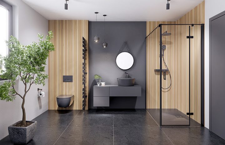 Fugenfrei Wandverkleidung Moderne Badezimmerausstattung mit Holzverkleidung, Dusche und Pflanzen.