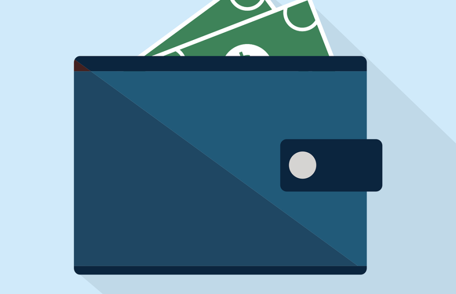 Heizungsrechner Blaues Portemonnaie mit Bargeld sichtbar.